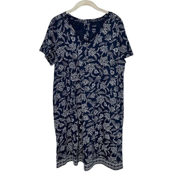 Pure Jill Navy Floral Print Buttoned Back T Shirt Short Sleeve V Neck Dress MP - Picture 1 of 7